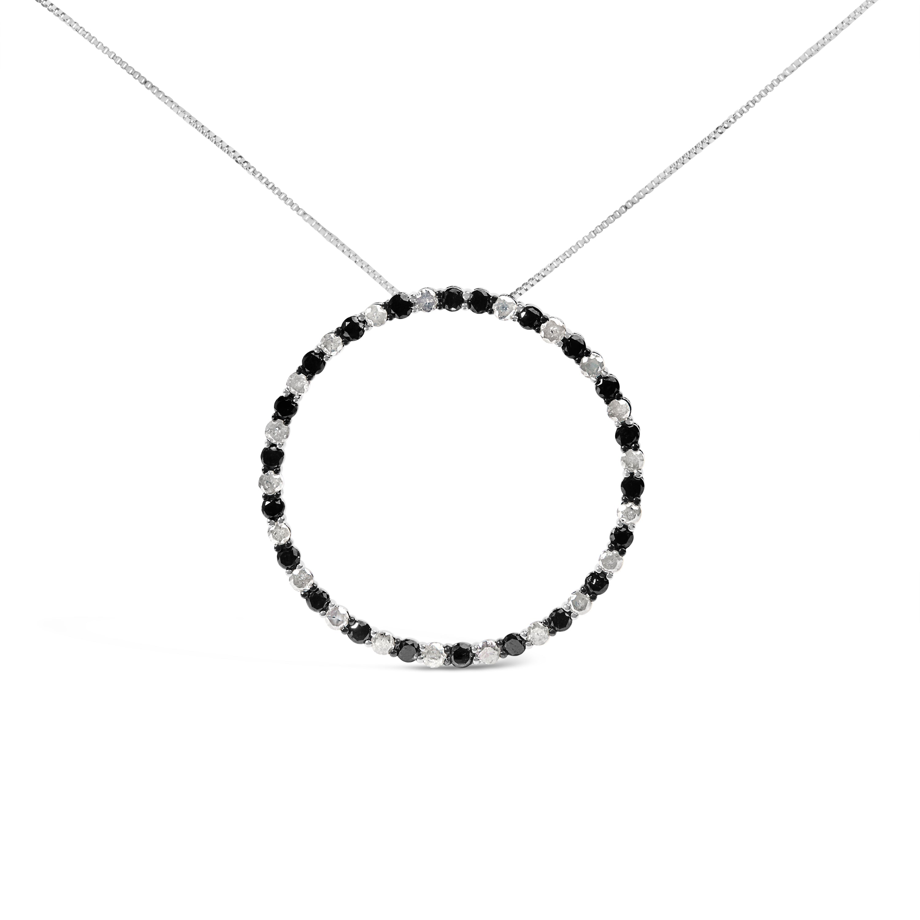 .925 Sterling Silver 3.0 Cttw Alternating Black and White Diamond Open Hoop Circle Pendant Necklace (H-I Color, I3 Clarity) - 18" Inches by Bids.com