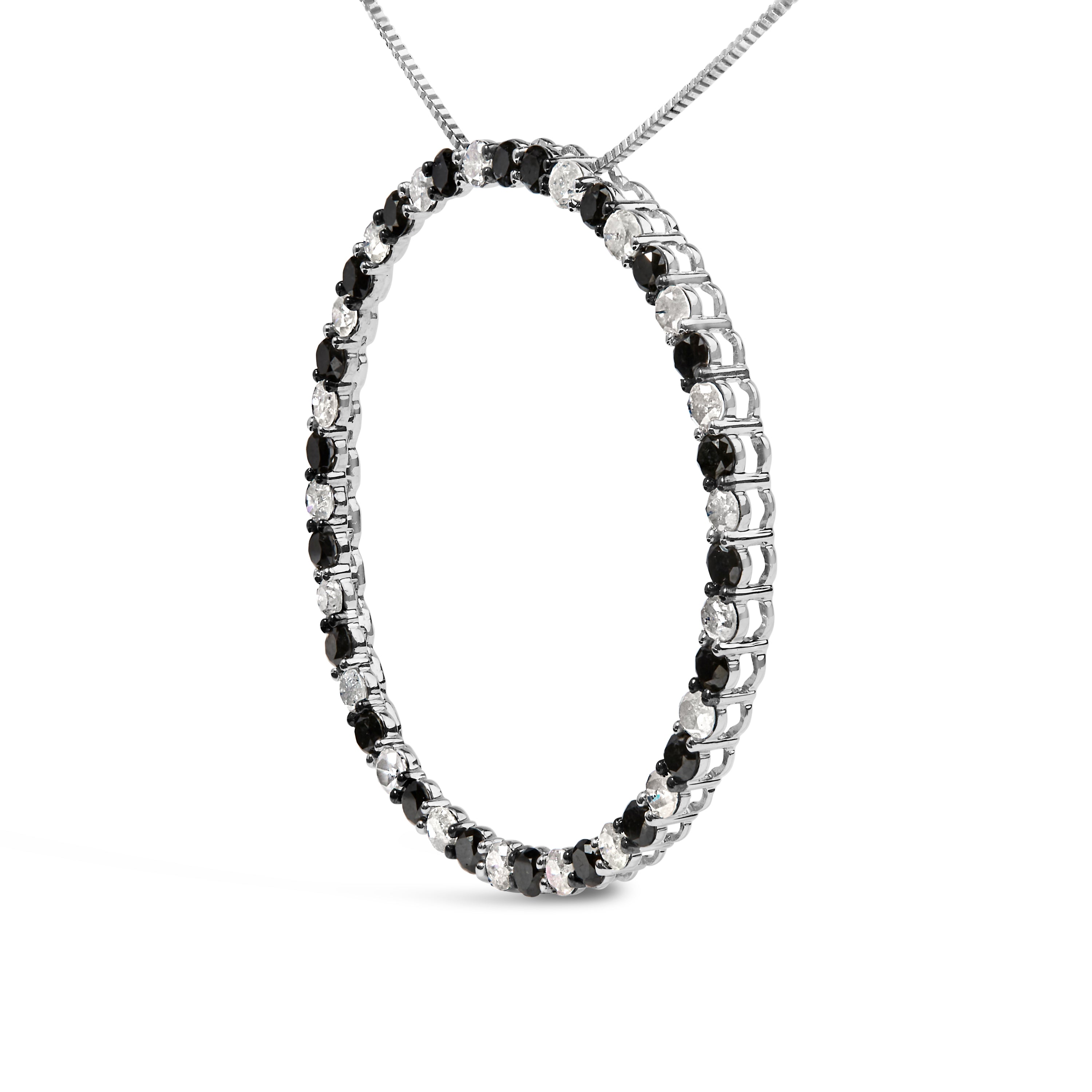 .925 Sterling Silver 3.0 Cttw Alternating Black and White Diamond Open Hoop Circle Pendant Necklace (H-I Color, I3 Clarity) - 18" Inches by Bids.com