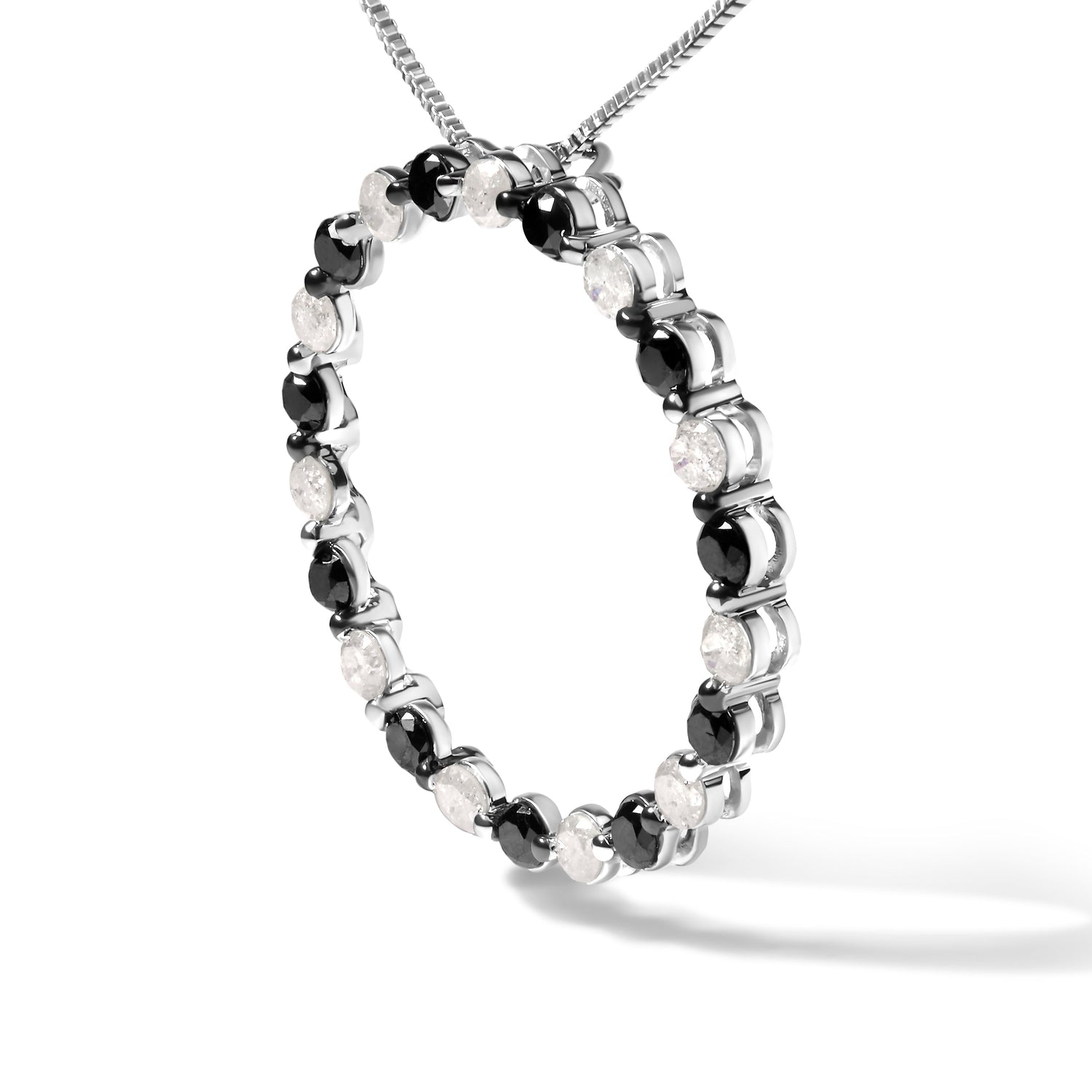 .925 Sterling Silver 1 3/4 Cttw Alternating Black and White Diamond Open Circle Hoop Pendant Necklace (H-I Color, I2-I3 Clarity) - 18" Inches by Bids.com