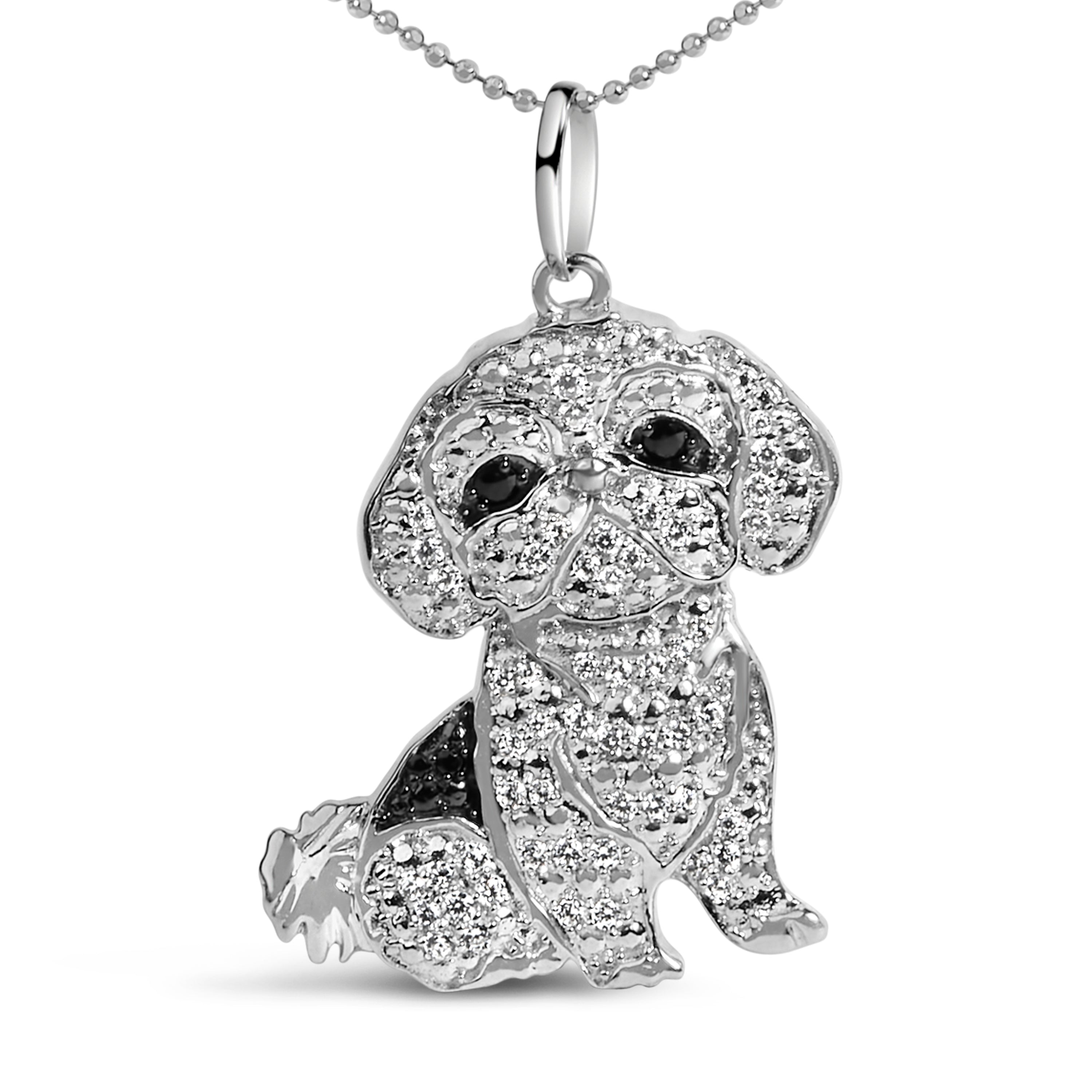 .925 Sterling Silver 1/2 Cttw White and Black Diamond Shih Tzu Dog 18" Pendant Necklace (I-J Color, I2-I3 Clarity) by Bids.com