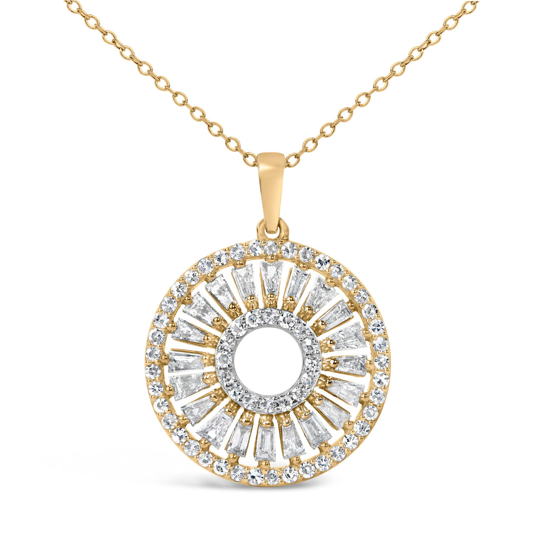 14K Yellow Gold Plated Sterling Silver 1 1/6 Cttw Diamond Sunburst Medallion Pendant Necklace  DestGlow
