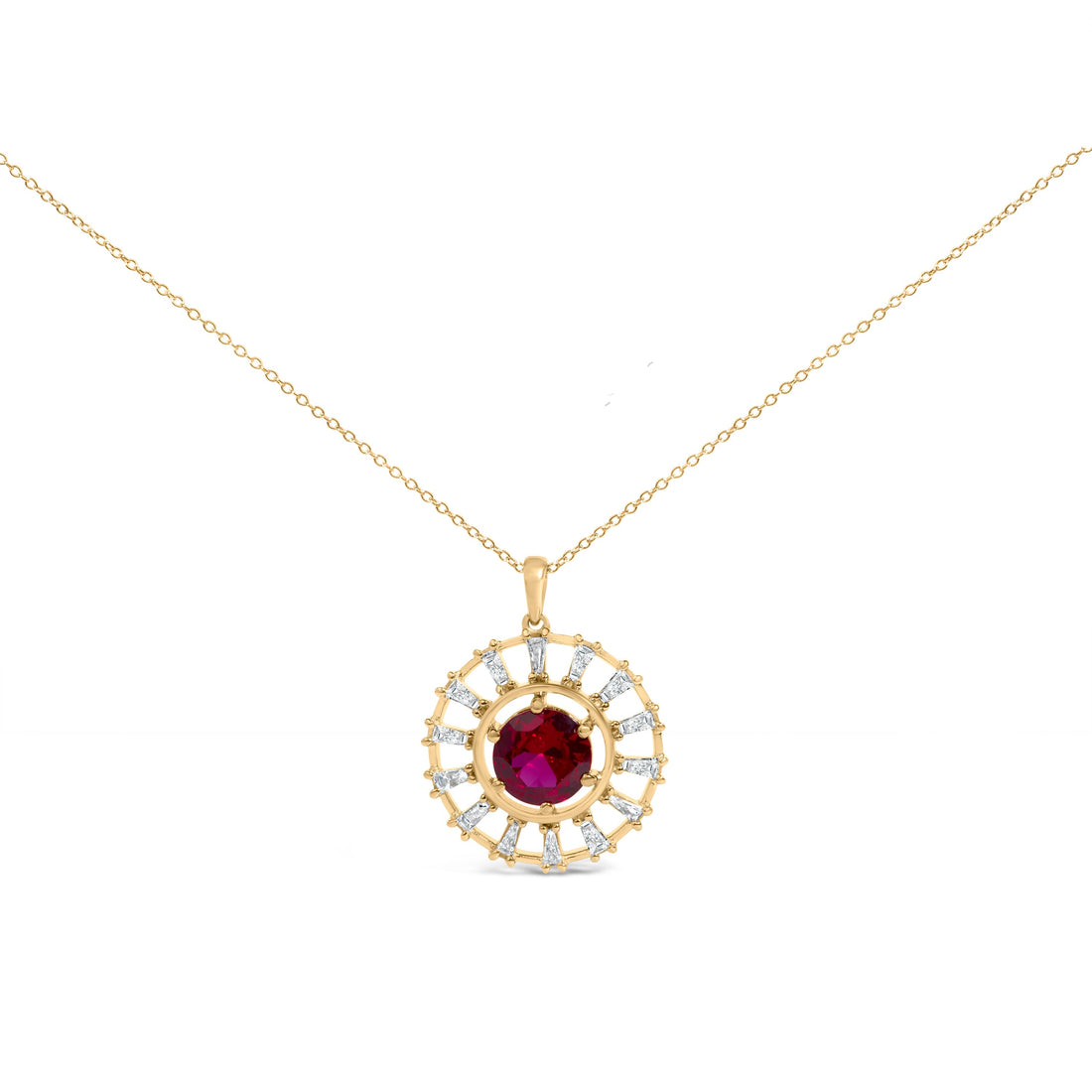14K Yellow Gold Plated Silver Lab Grown Ruby and 5/8 Cttw Baguette Diamond Medallion Pendant Necklace  DestGlow