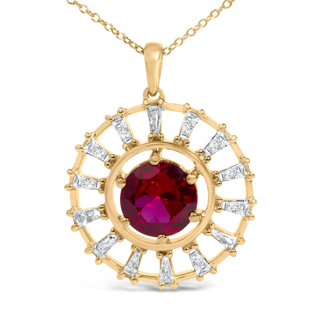 14K Yellow Gold Plated Silver Lab Grown Ruby and 5/8 Cttw Baguette Diamond Medallion Pendant Necklace  DestGlow
