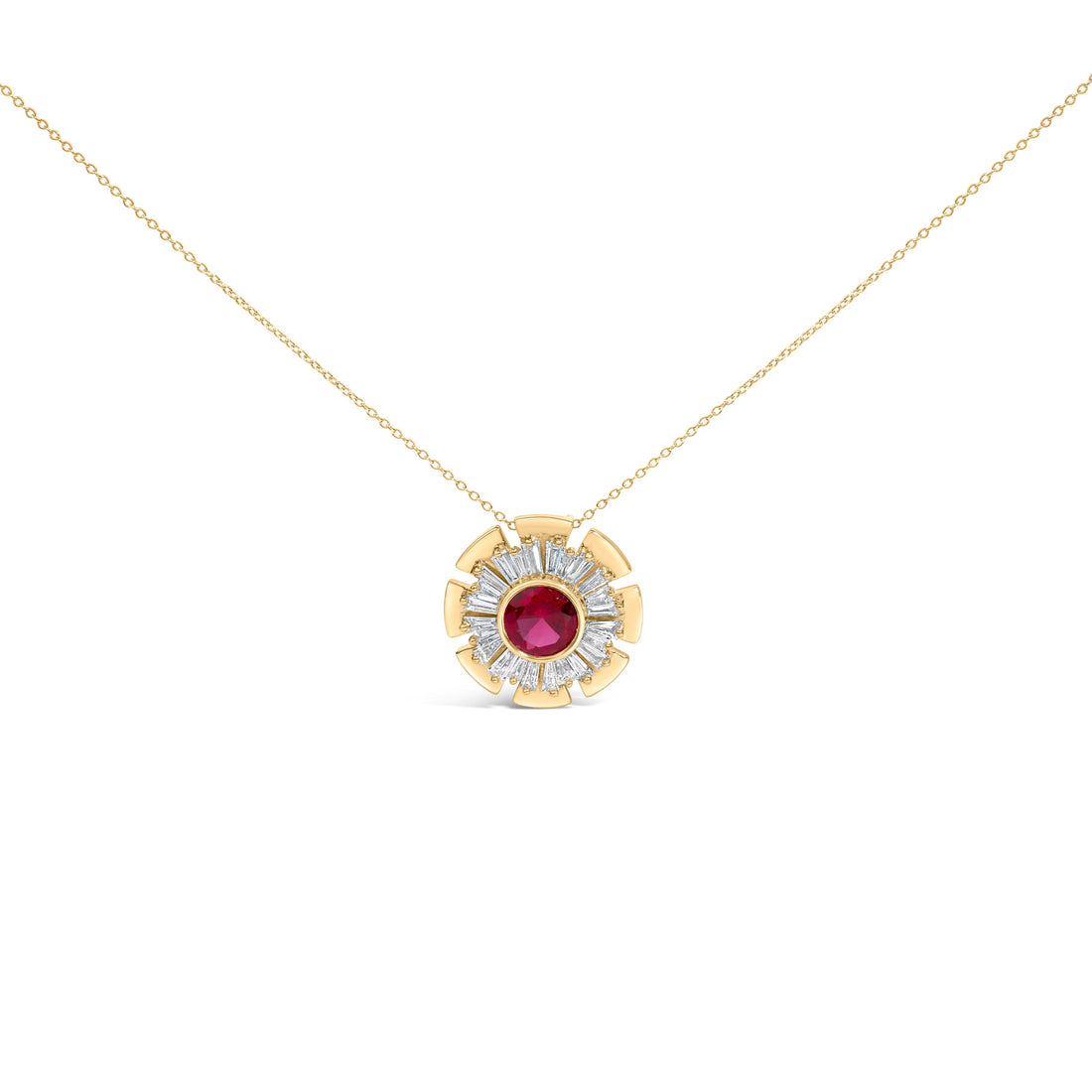 14K Yellow Gold Plated Silver Created Red Ruby and Diamond Baguette Medallion Pendant Necklace  DestGlow