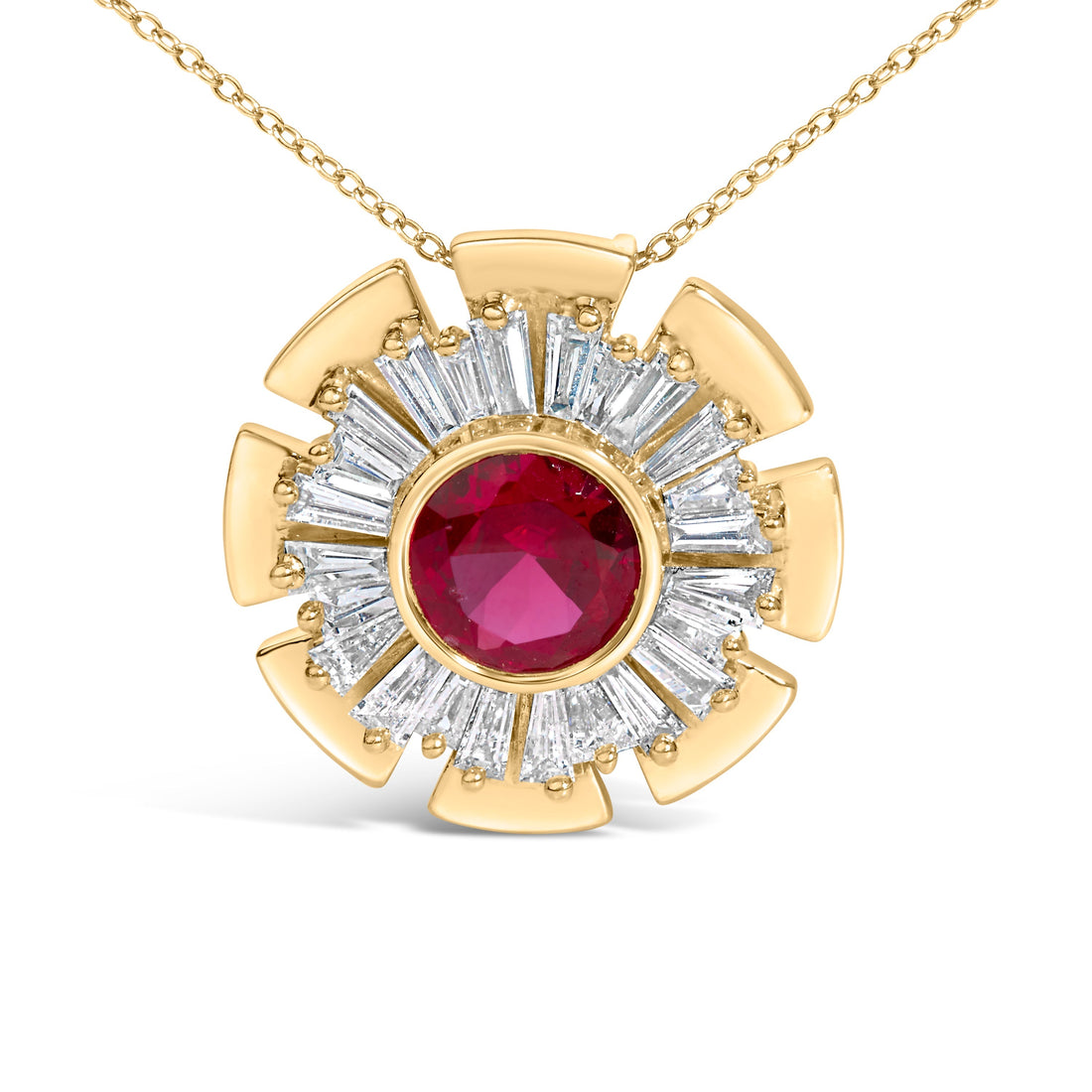 14K Yellow Gold Plated Silver Created Red Ruby and Diamond Baguette Medallion Pendant Necklace  DestGlow