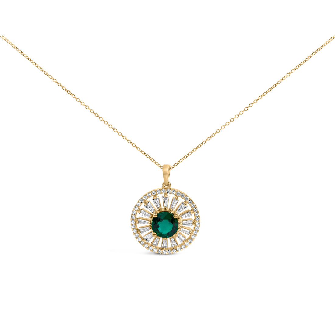 14K Yellow Gold Plated Sterling Silver Lab Grown Emerald and Diamond Sunburst Medallion Pendant Necklace  DestGlow