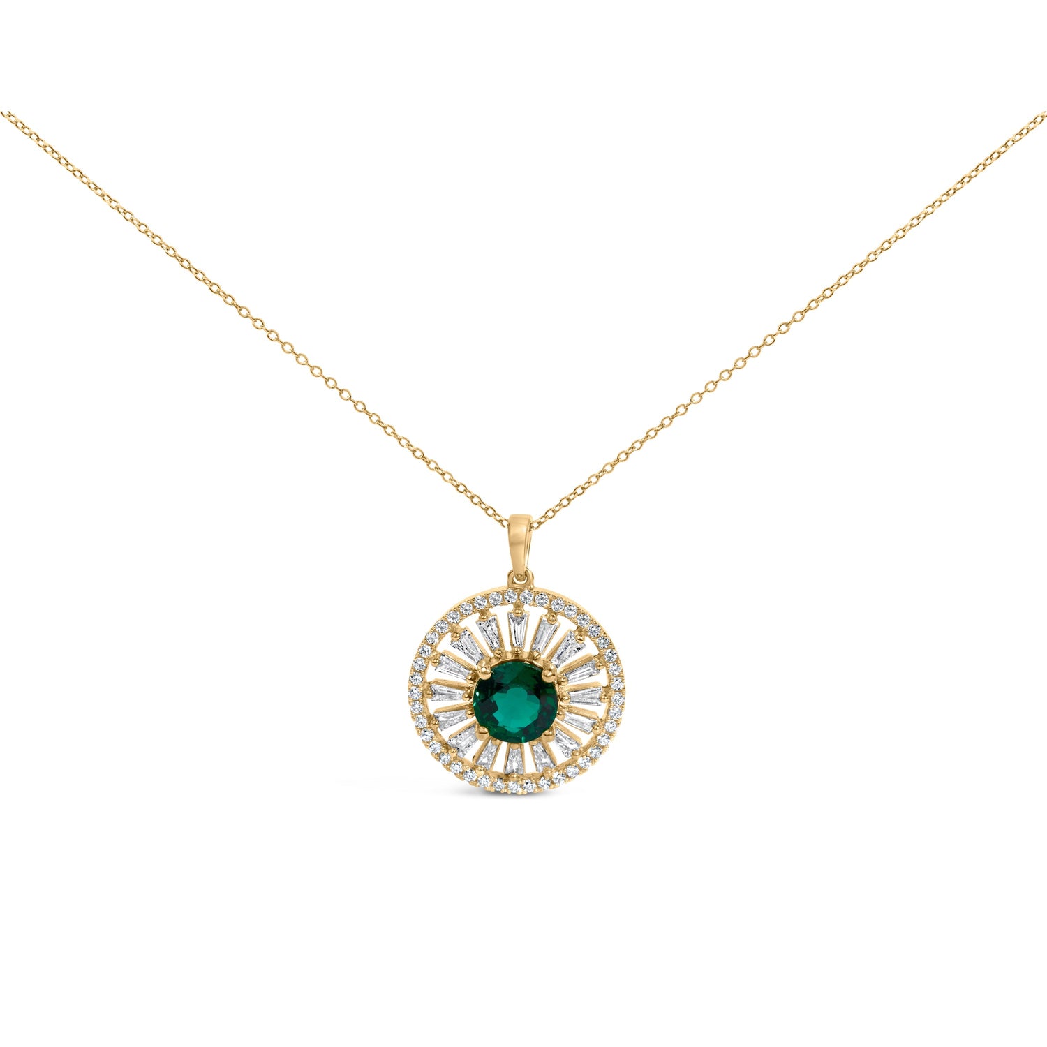 14K Yellow Gold Plated Sterling Silver Lab Grown Emerald and Diamond Sunburst Medallion Pendant Necklace