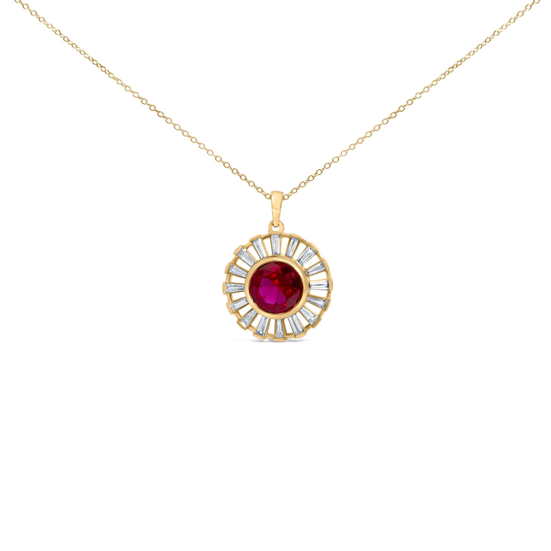 14K Yellow Gold Plated Silver Created Red Ruby and Baguette Diamond Sunburst Medallion Pendant Necklace  DestGlow