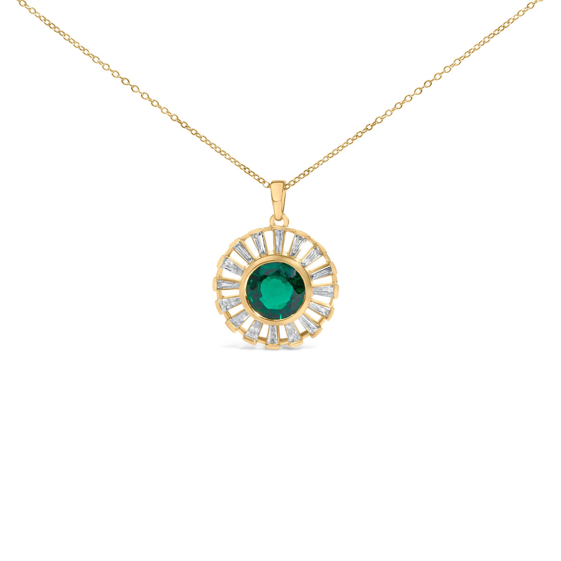 14K Yellow Gold Plated Sterling Silver Lab Grown Emerald and Baguette Diamond Sunburst Medallion Pendant Necklace  DestGlow