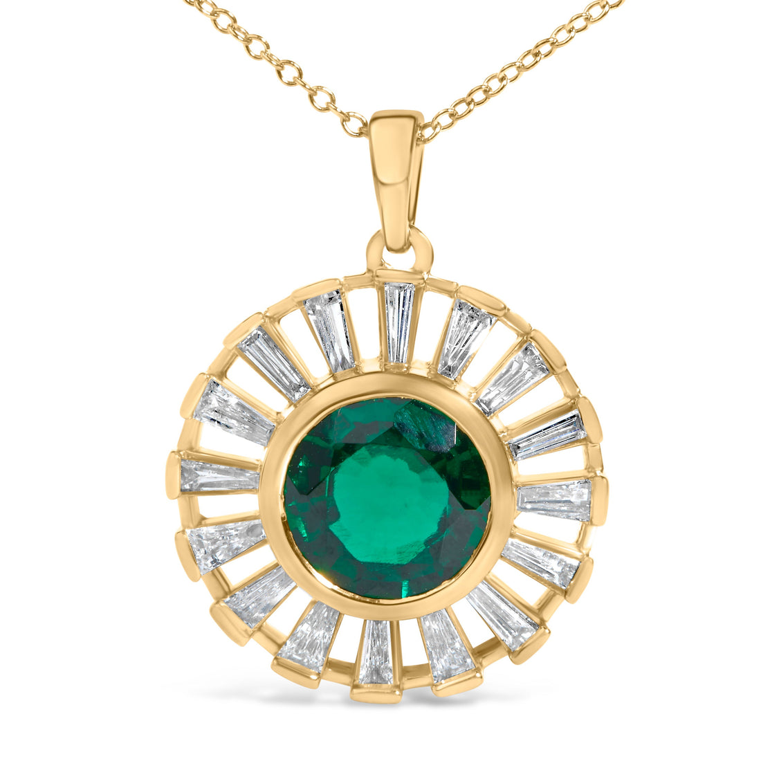 14K Yellow Gold Plated Sterling Silver Lab Grown Emerald and Baguette Diamond Sunburst Medallion Pendant Necklace  DestGlow