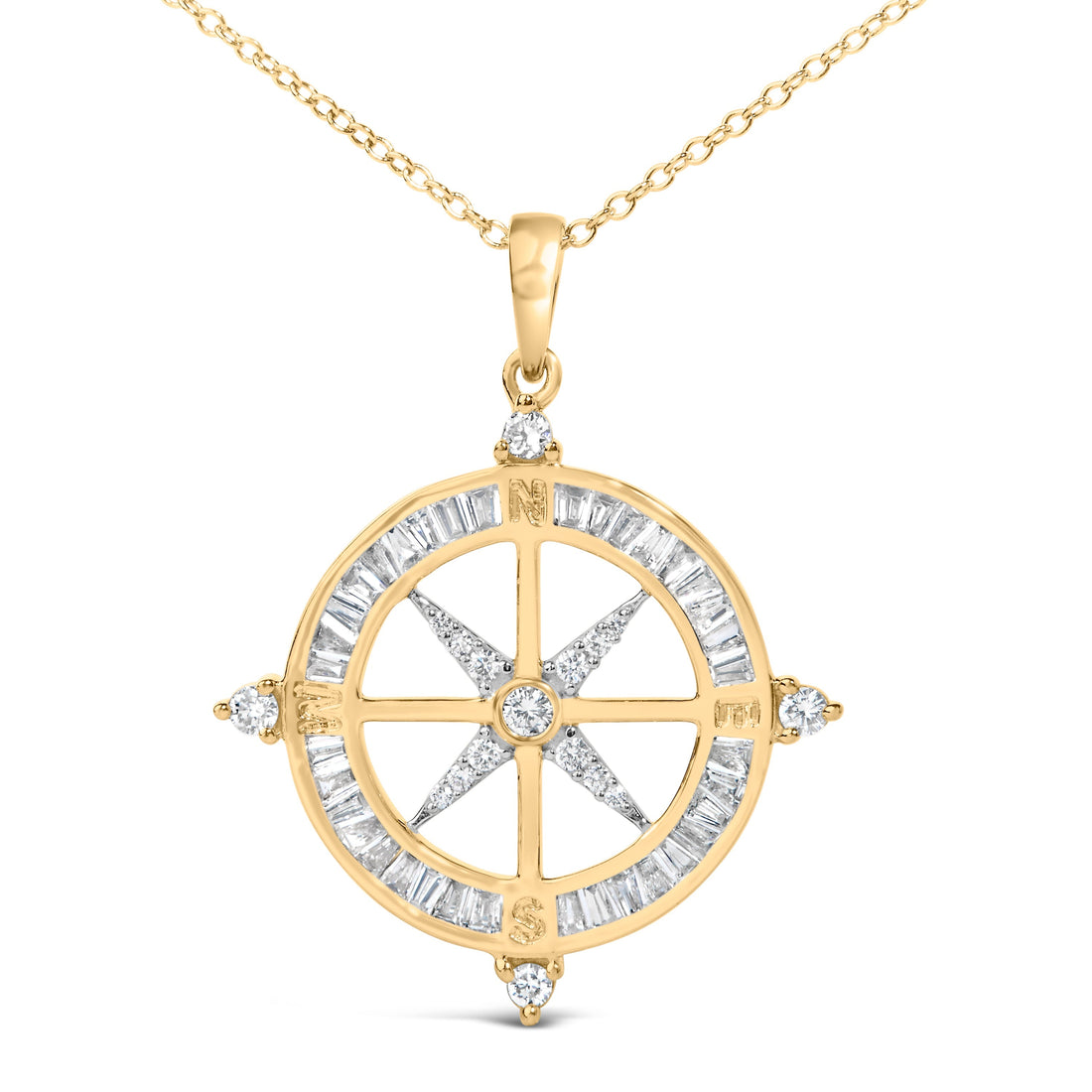 14K Yellow Gold Plated Sterling Silver 3/4 Cttw Diamond Compass Medallion Pendant Necklace  DestGlow