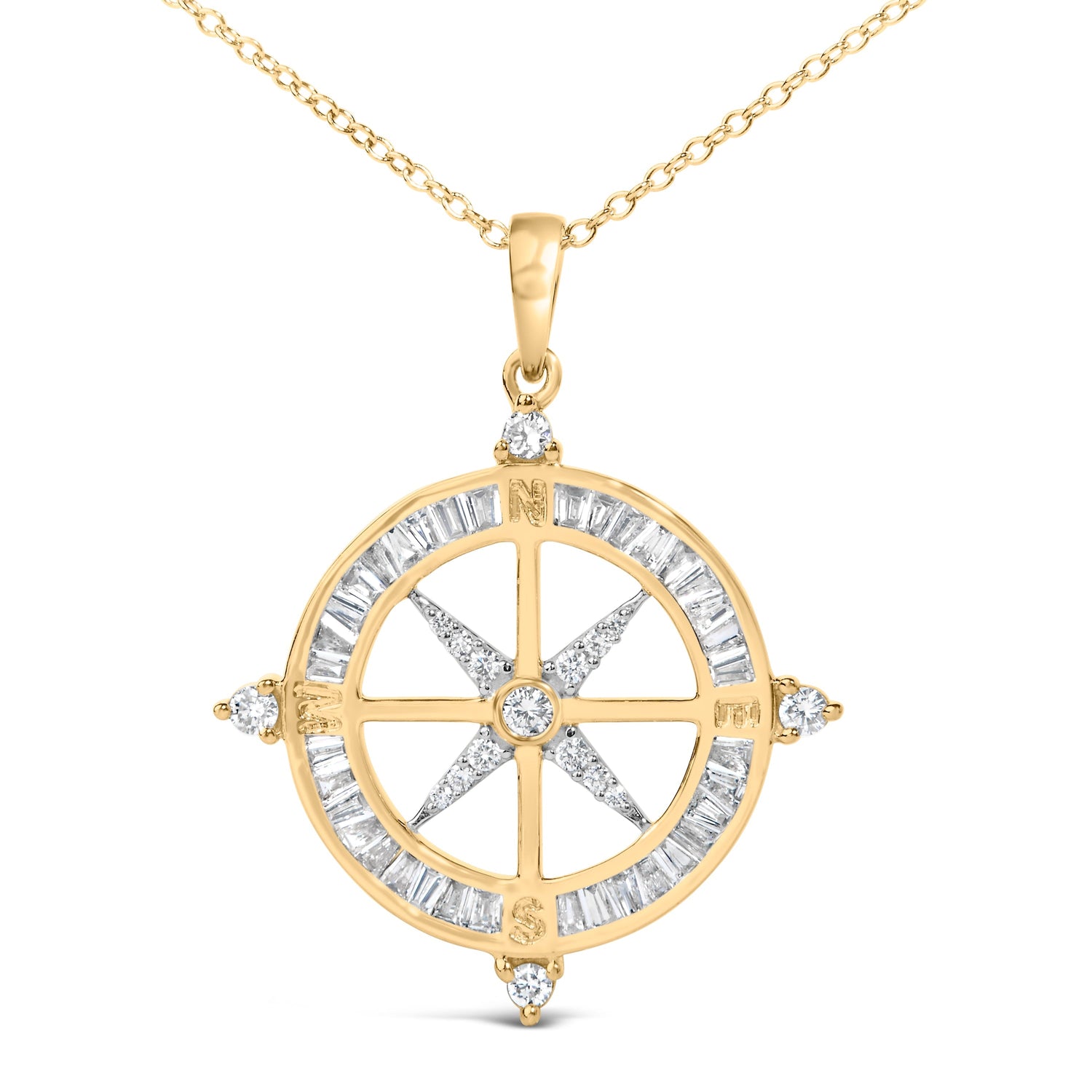 14K Yellow Gold Plated Sterling Silver 3/4 Cttw Diamond Compass Medallion Pendant Necklace  DestGlow