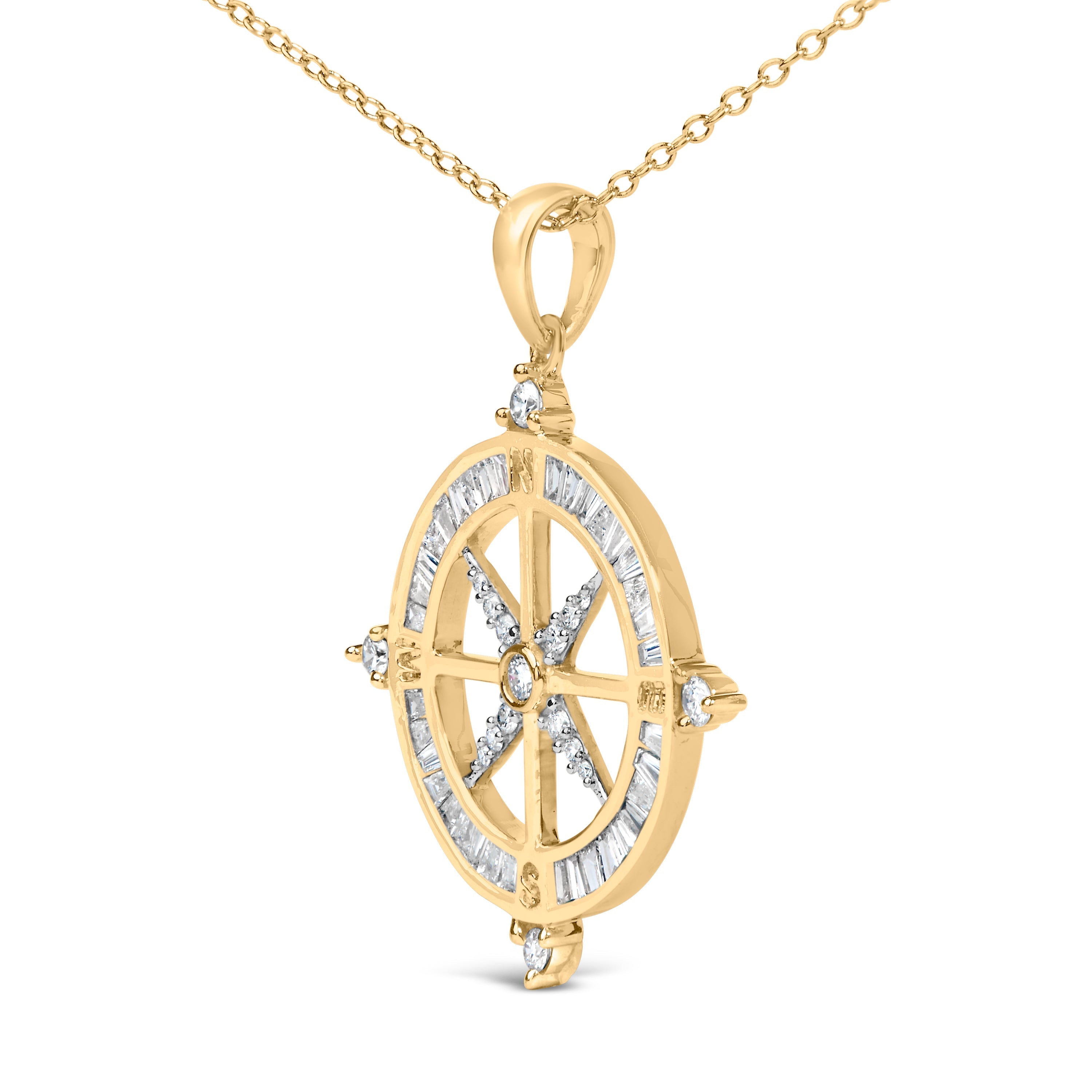 14K Yellow Gold Plated Sterling Silver 3/4 Cttw Diamond Compass Medallion Pendant Necklace  DestGlow
