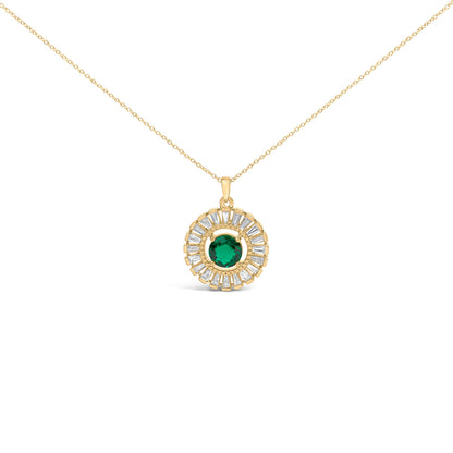 14K Yellow Gold Plated Silver Lab Grown Emerald and Diamond Sunburst Medallion Pendant Necklace
