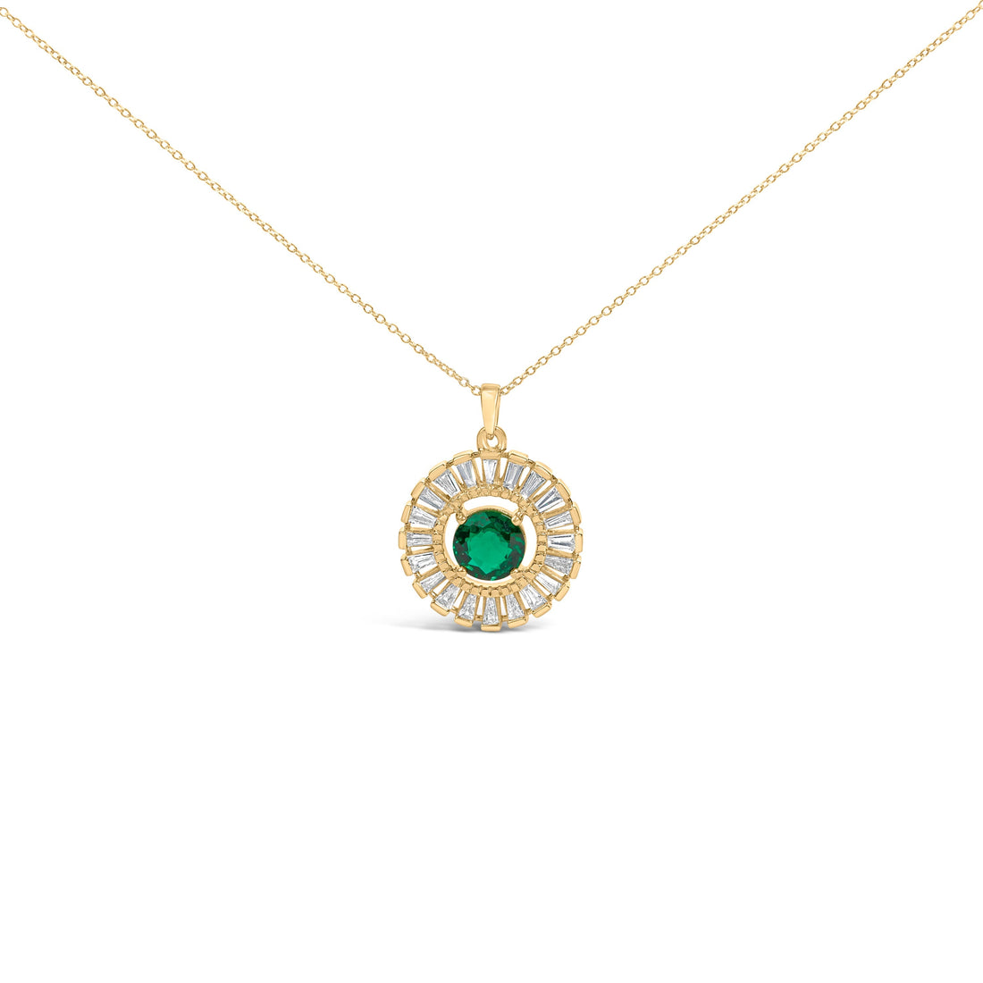14K Yellow Gold Plated Silver Lab Grown Emerald and Diamond Sunburst Medallion Pendant Necklace  DestGlow