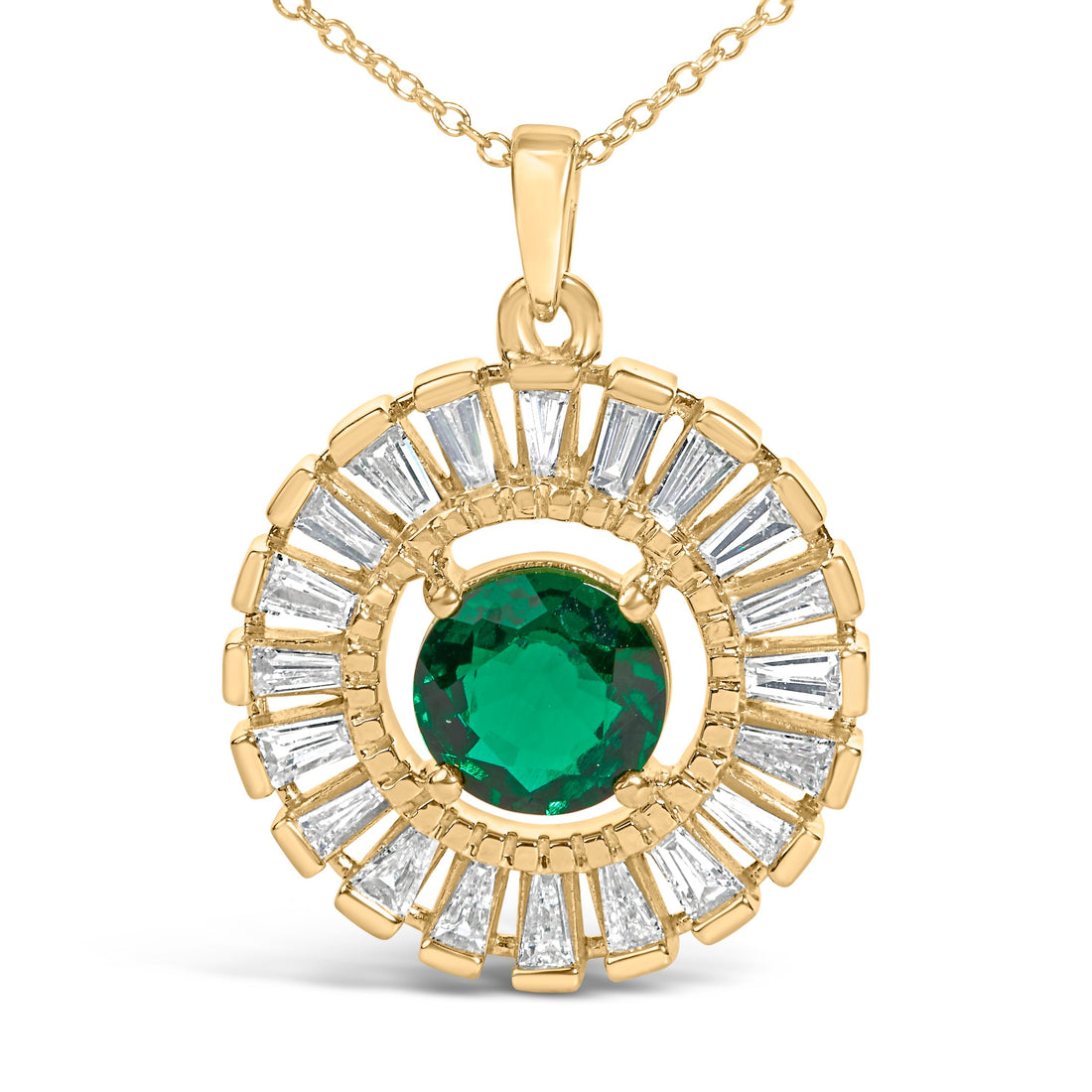 14K Yellow Gold Plated Silver Lab Grown Emerald and Diamond Sunburst Medallion Pendant Necklace  DestGlow