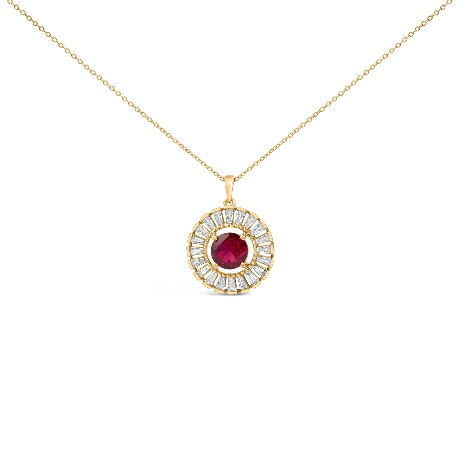 14K Yellow Gold Plated Sterling Silver Lab Grown Ruby and Diamond Medallion Pendant Necklace