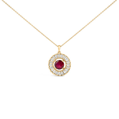 14K Yellow Gold Plated Sterling Silver Lab Grown Ruby and Diamond Medallion Pendant Necklace