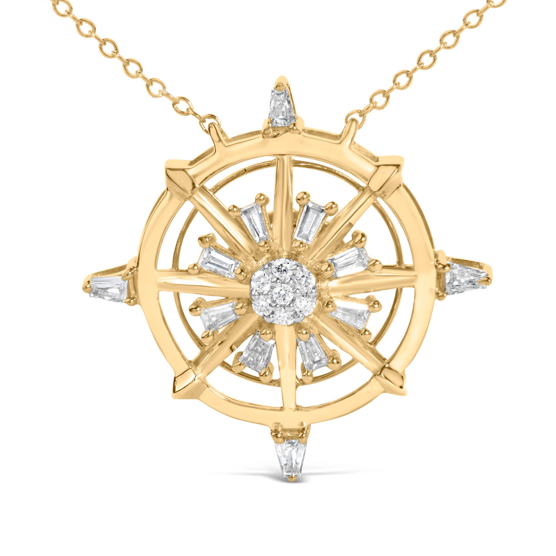 14K Yellow Gold Plated Sterling Silver 1/3 Cttw Diamond Compass Pendant Necklace  DestGlow