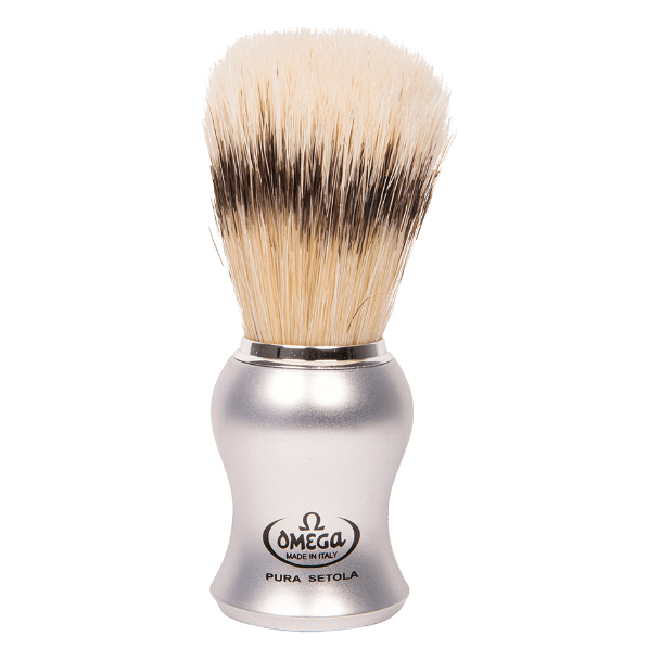 Omega Matte Silver Handle Shaving Brush On Black Stand 