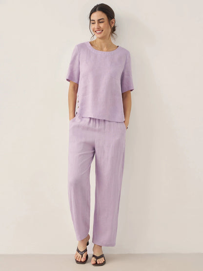 100% Linen Short-Sleeve Round Neck Button Detail Top &amp; Pants Set SASHA by LINTICO