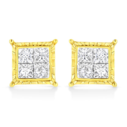 14K Yellow Gold 1.0 Cttw Invisible Set Princess-Cut Diamond Composite 8 Stone Stud Earrings (I-J Color, SI1-SI2 Clarity) by Bids.com