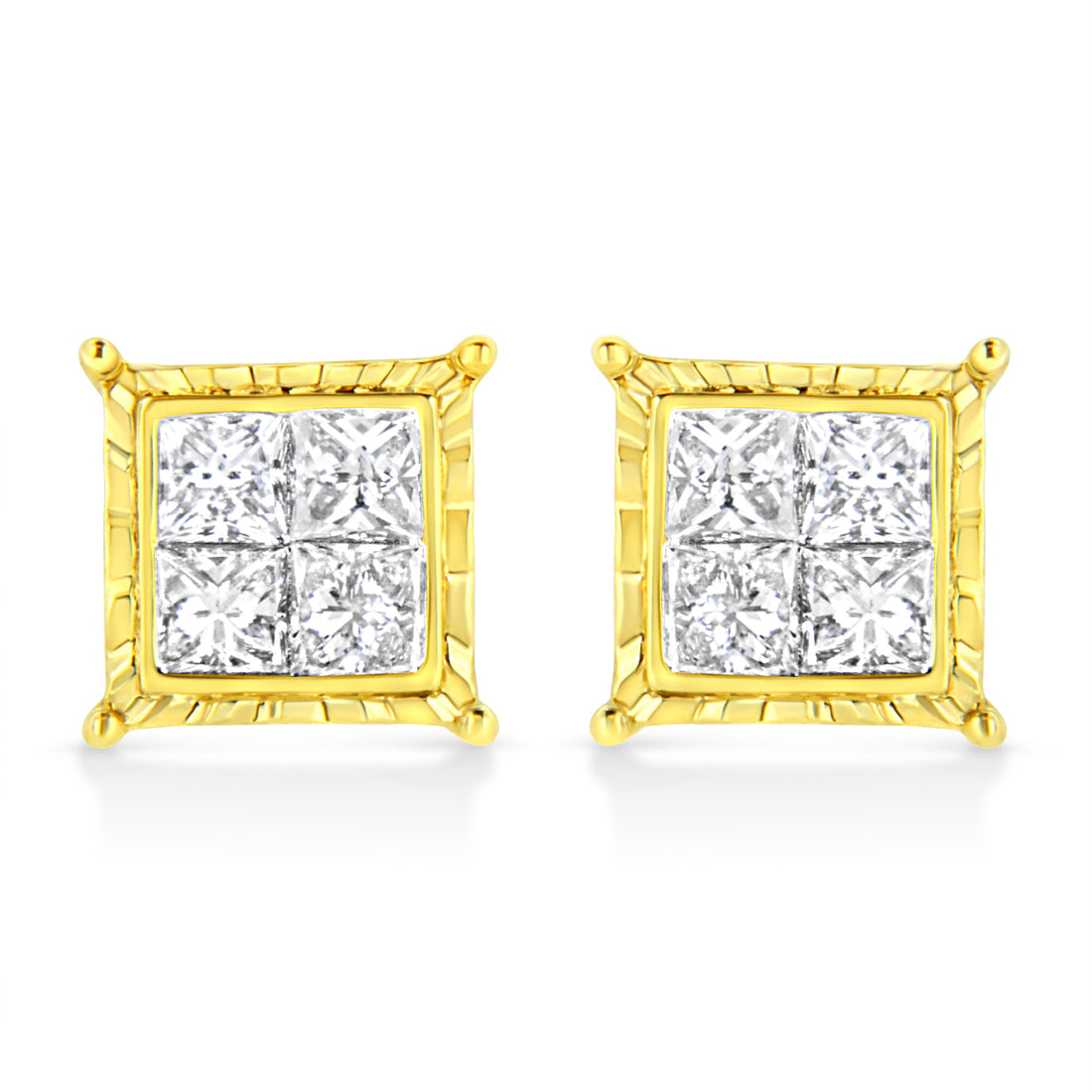 14K Yellow Gold 1.0 Cttw Invisible Set Princess-Cut Diamond Composite 8 Stone Stud Earrings (I-J Color, SI1-SI2 Clarity) by Bids.com