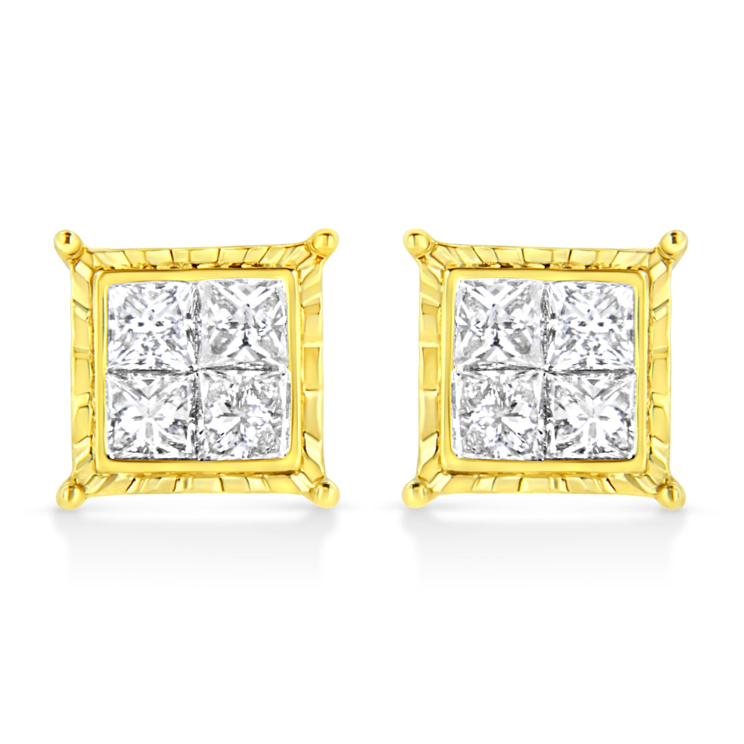 14K Yellow Gold 1.0 Cttw Invisible Set Princess-Cut Diamond Composite 8 Stone Stud Earrings (I-J Color, SI1-SI2 Clarity) by Bids.com