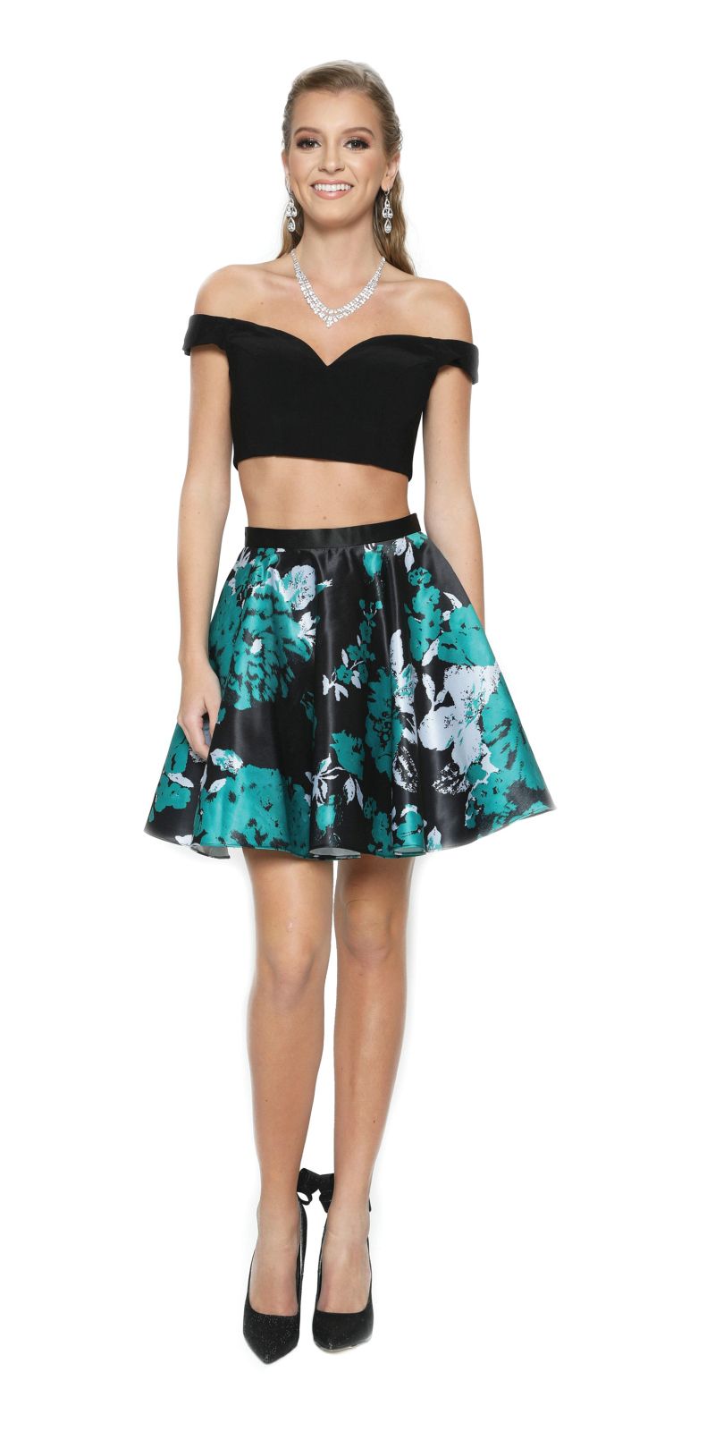 Juliet 805 Two-Piece Short Party Dress Print Skirt Off-Shoulder by DiscountDressShop