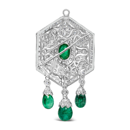 18K 2 3/4 Cttw Diamond and Emerald Dangle Art Deco Shield Brooch Pin Pendant (G-H Color, VS1-VS2 Clarity) CHAIN NOT INCLUDED by Bids.com