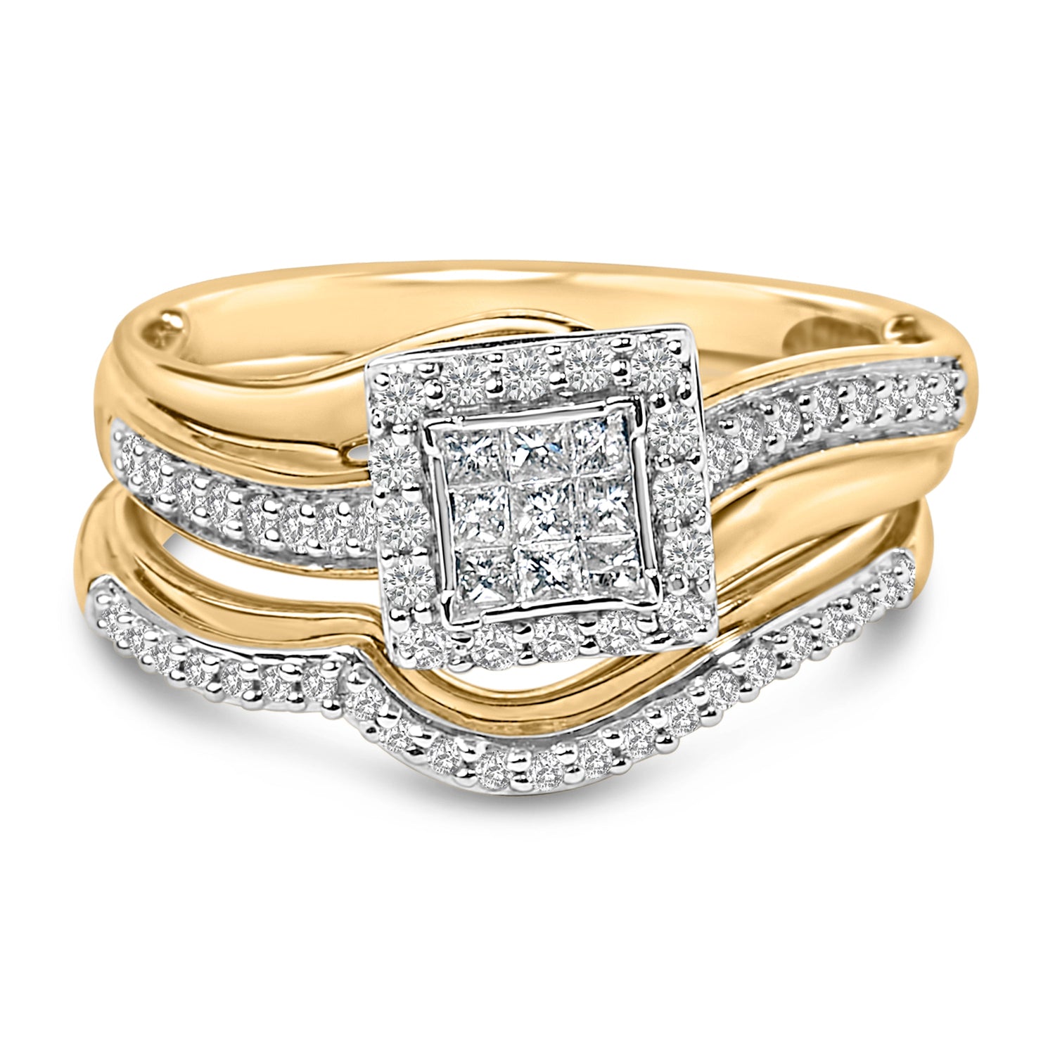 14K Yellow Gold Plated Sterling Silver 1/2 Cttw Princess Square Diamond Bridal Set by Bids.com