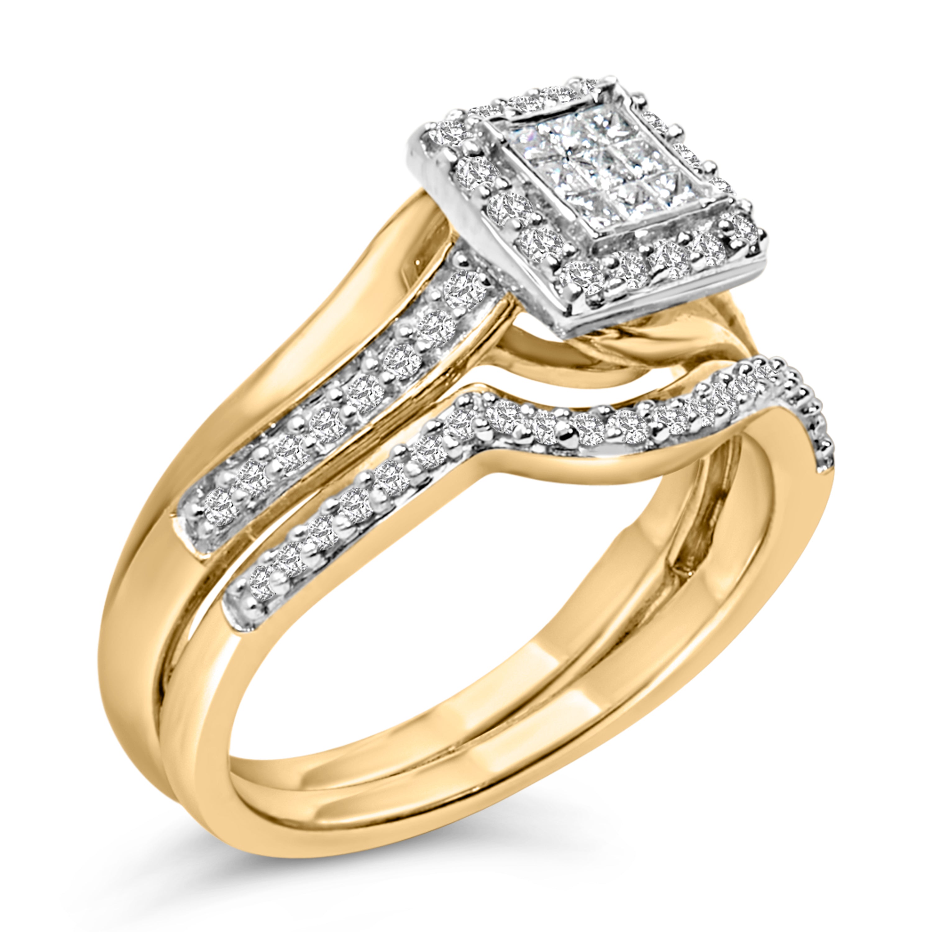 14K Yellow Gold Plated Sterling Silver 1/2 Cttw Princess Square Diamond Bridal Set by Bids.com