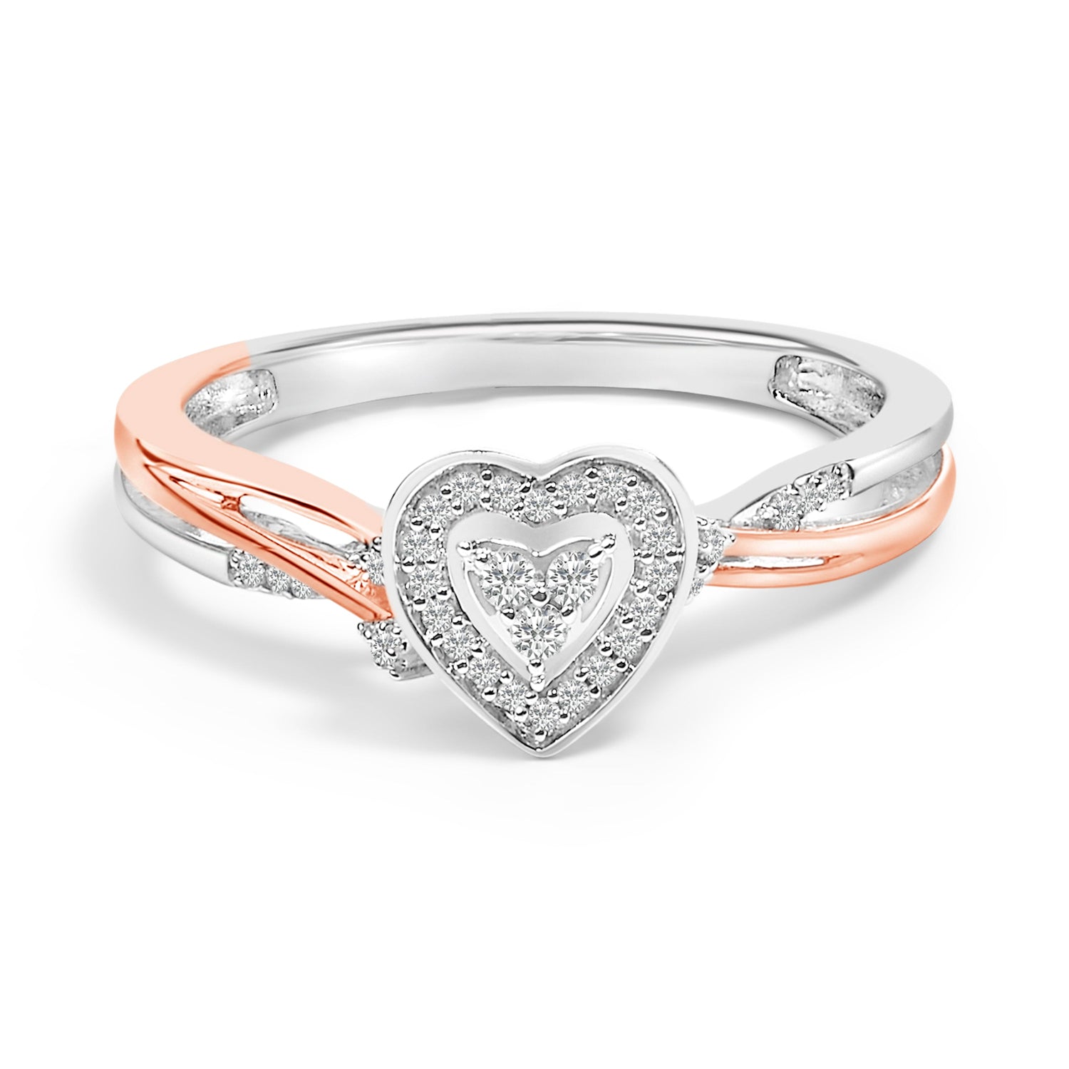 14K Rose Gold Plated Sterling Silver 1/10 Cttw Diamond Heart Motif Ring by Bids.com