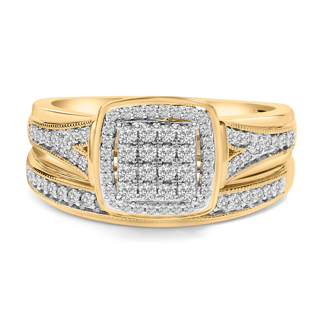14K Yellow Gold Plated Sterling Silver 1/2 Cttw Diamond Square Cluster Bridal Set - DestGlow
