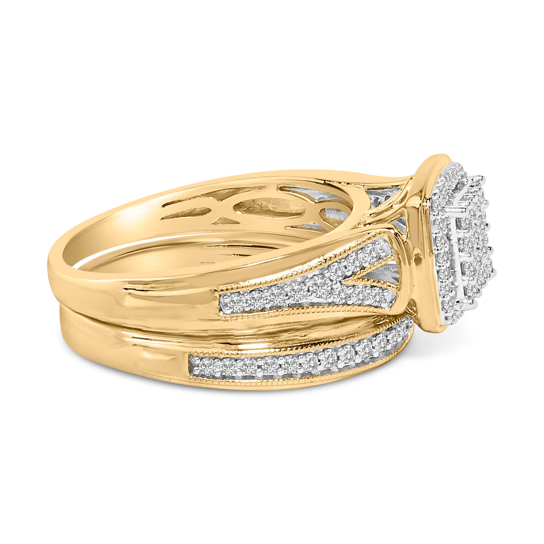 14K Yellow Gold Plated Sterling Silver 1/2 Cttw Diamond Square Cluster Bridal Set - DestGlow