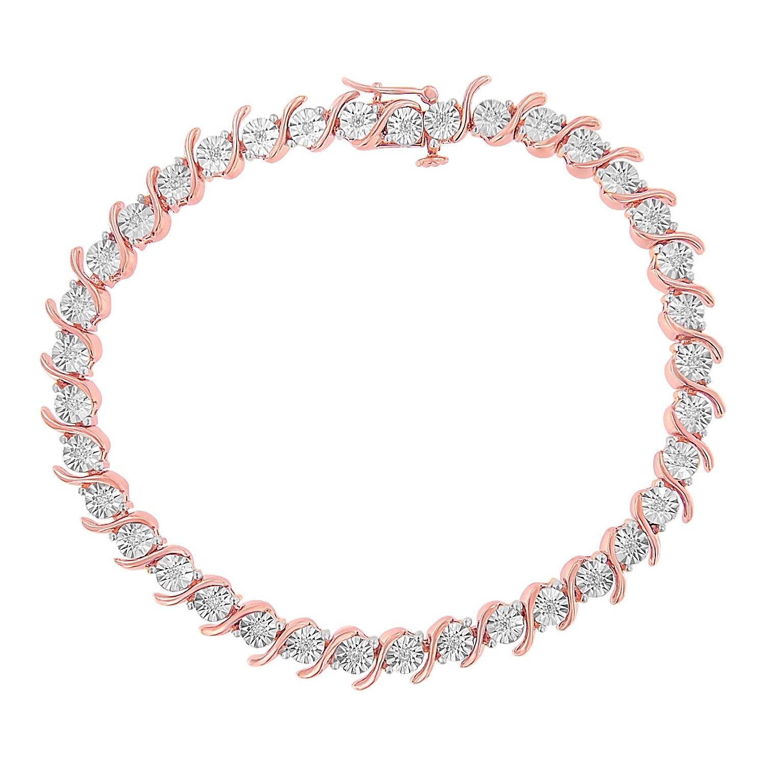 14K Rose Gold Plated .925 Sterling Silver 1/10 Cttw Diamond Round Miracle Plate and "S" Link Tennis Bracelet (I-J Color, I2- I3 Clarity) - 7" by Bids.com