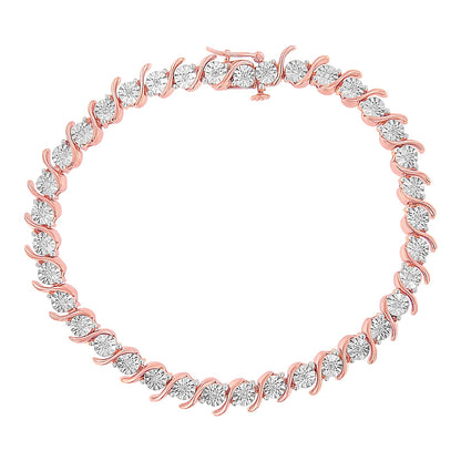 14K Rose Gold Plated .925 Sterling Silver 1/10 Cttw Diamond Round Miracle Plate and "S" Link Tennis Bracelet (I-J Color, I2- I3 Clarity) - 7" by Bids.com
