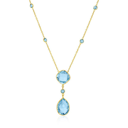 14k Yellow Gold Necklace with Pear-Shaped and Cushion Blue Topaz Briolettes  DestGlow