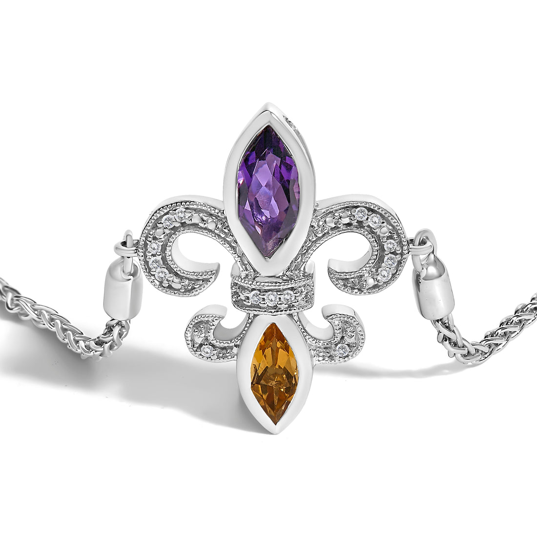 .925 Sterling Silver Marquise Purple Amethyst, Orange Citrine, and Diamond Accent Lariat 4â€-10â€ Fleur De Lis Adjustable Bolo Bracelet (I-J Color, I1-I2 Clarity)  DestGlow