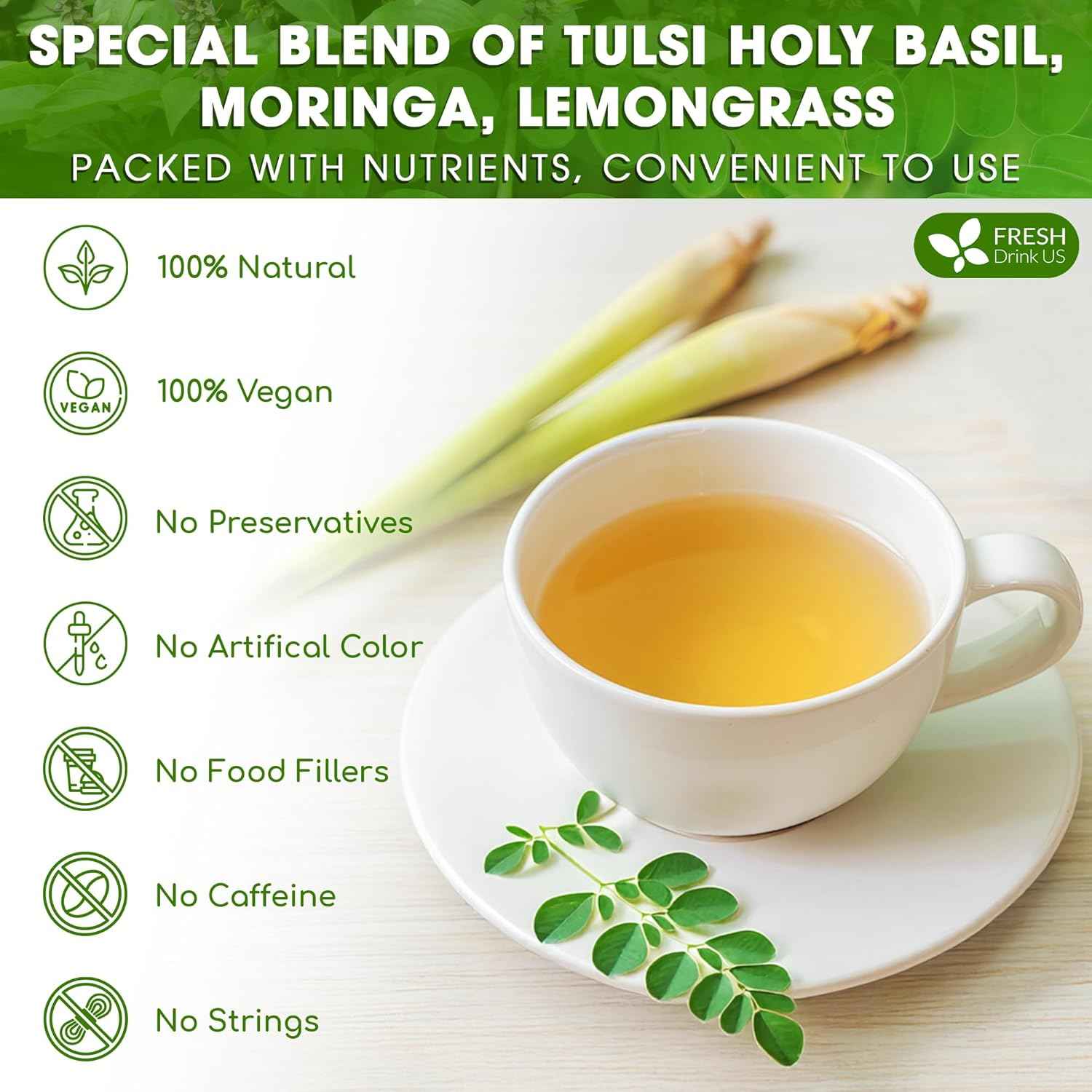 Premium Tulsi Moringa Lemongrass  Tea Bags, 100% Natural &amp; Pure from Tulsi Holy Basil Leaves, Moringa &amp; Lemongrass.