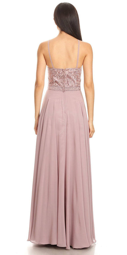 CLEARANCE - Eureka 8111 Chiffon Halter A-line Long Dress Lace Appliqued Bodice (Size L) by DiscountDressShop