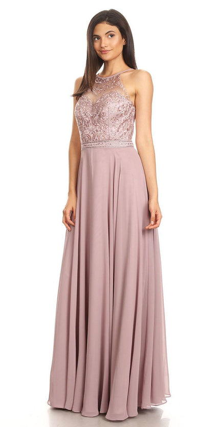 CLEARANCE - Eureka 8111 Chiffon Halter A-line Long Dress Lace Appliqued Bodice (Size L) by DiscountDressShop