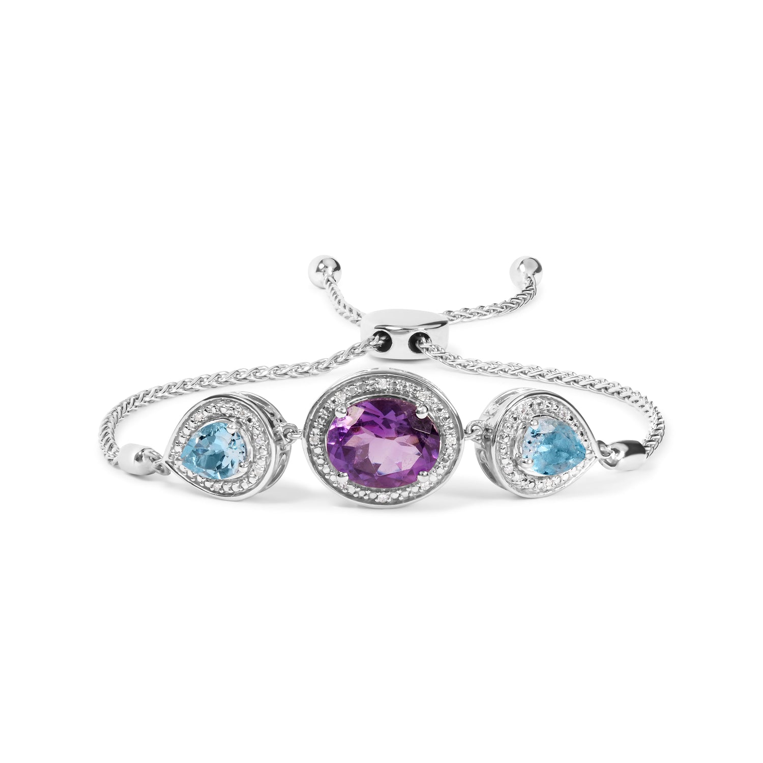 .925 Sterling Silver Oval Amethyst and Pear Blue Topaz with Diamond Accent Lariat 4â€-10â€ Adjustable Bolo Bracelet (H-I Color, SI1-SI2 Clarity) by Bids.com