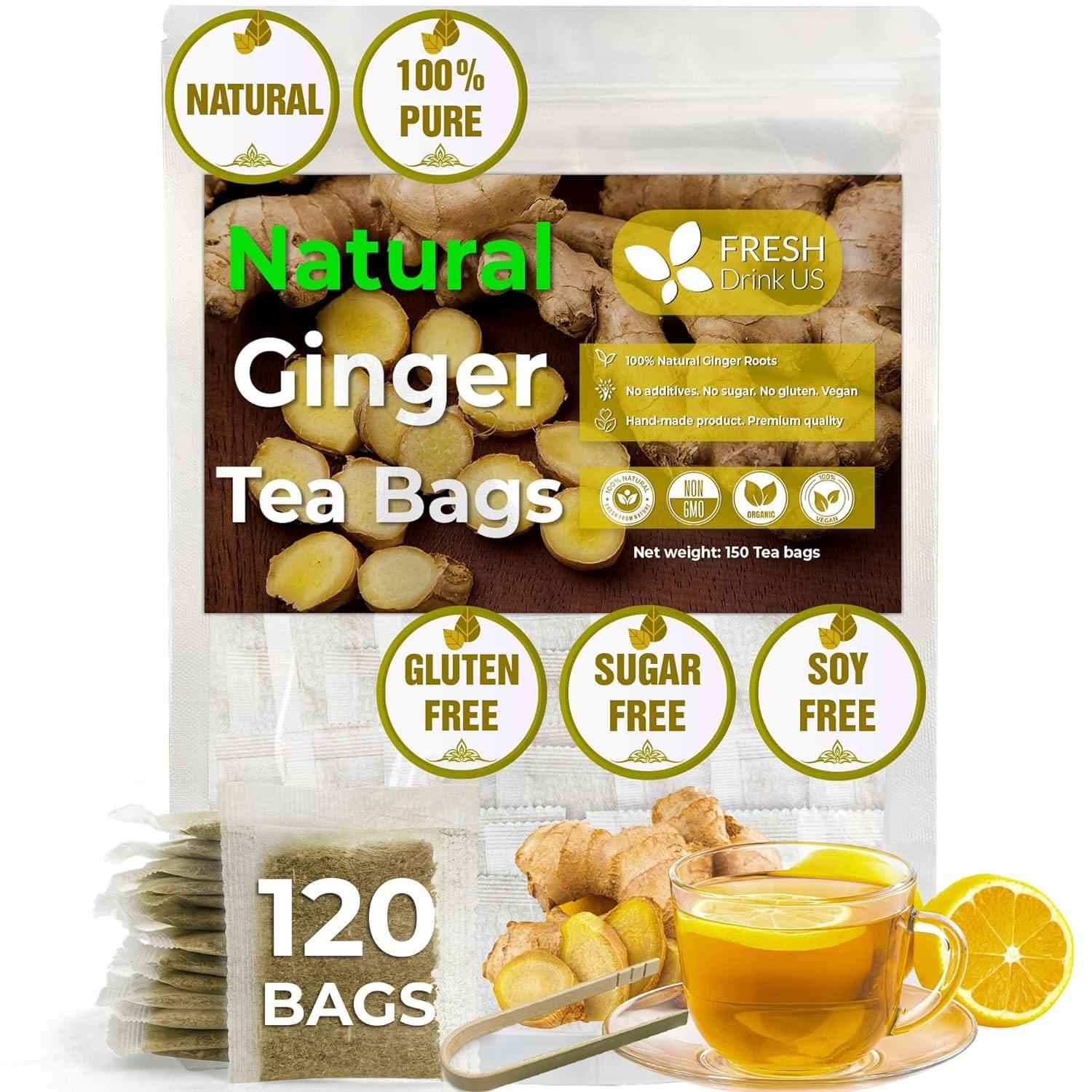 Premium Ginger Tea Bags, 100% Natural &amp; Pure from Ginger Roots, Ginger Tea, Ginger Herbal Tea. Ginger Tea. No Sugar, No Caffeine, No Gluten, Vegan.