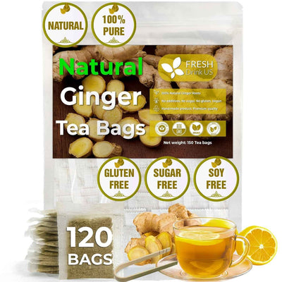 Premium Ginger Tea Bags, 100% Natural & Pure from Ginger Roots, Ginger Tea, Ginger Herbal Tea. Ginger Tea. No Sugar, No Caffeine, No Gluten, Vegan.
