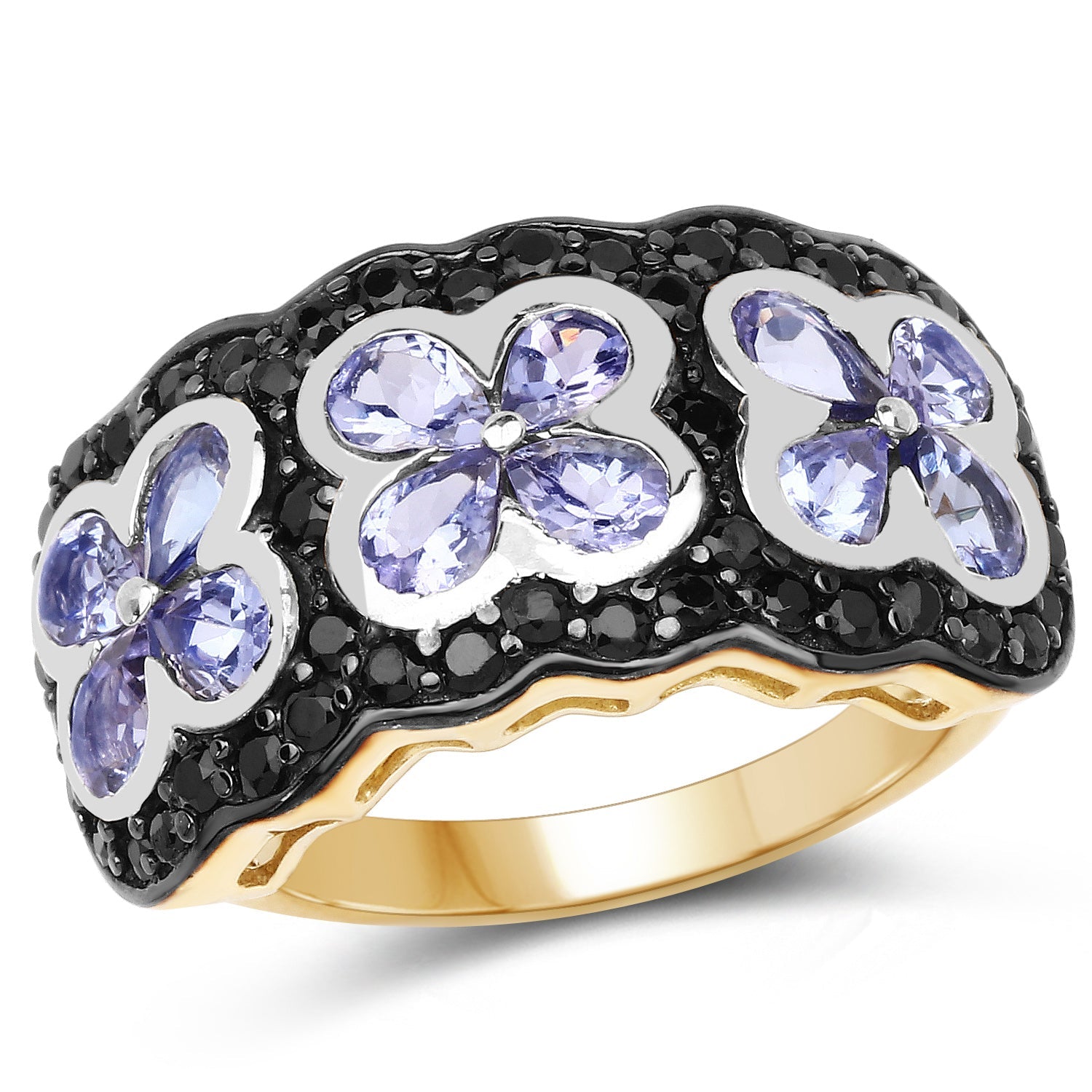 14K Yellow Gold Plated 2.60 Carat Genuine Tanzanite and Black Spinel .925 Sterling Silver Ring by Bids.com