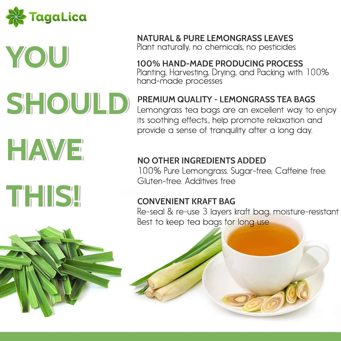 Lemongrass Tea Bags, 100% Natural &amp; Pure Lemongrass leaves, Eco-Conscious Tea Bags, Lemongrass Herbal Tea. Lemongrass Leaf Tea. No Sugar, No Caffeine, No Gluten, Vegan.