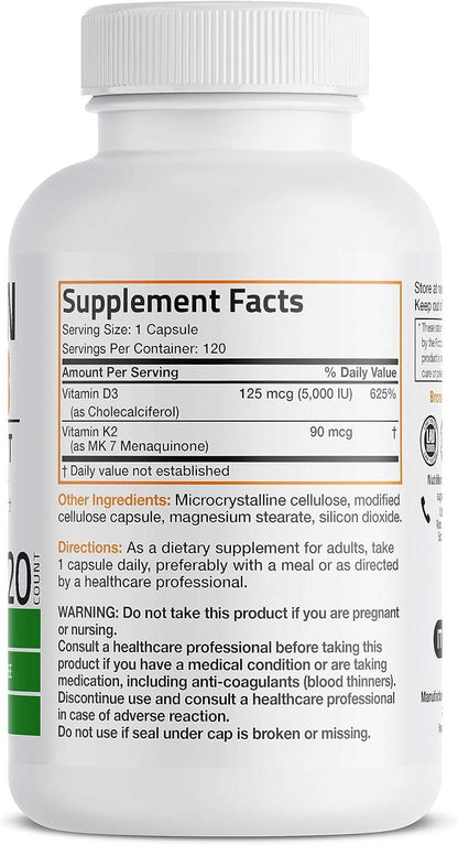 Bronson Vitamin K2 (MK7) with D3 Supplement Non-GMO Formula 5000 IU Vitamin D3 &amp; 90 mcg Vitamin K2 MK-7 Easy to Swallow Vitamin D &amp; K Complex, 120 Capsules by NutritionAdvice
