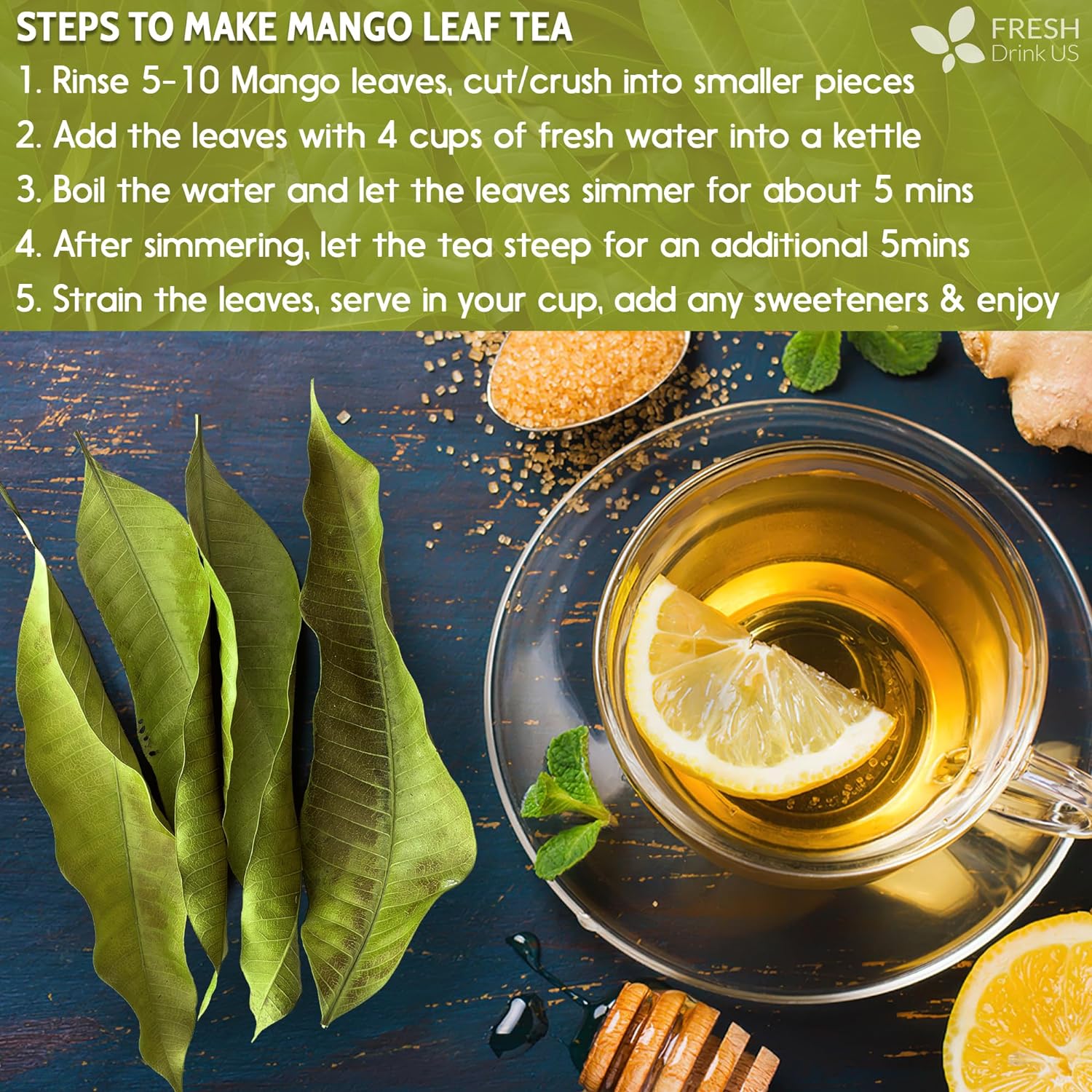 Mango Leaf, Whole Dried Leaves, Tea Bags, Powder, 100% Natural &amp; Pure from Mango Leaves. Mango Dried Leaves. Loose Leaf Mango Herbal Tea. Mango Leaf Tea. No Sugar, No Caffeine, No Gluten, Vegan. by FreshDrinkUS - Natural and Premium Herbal Tea