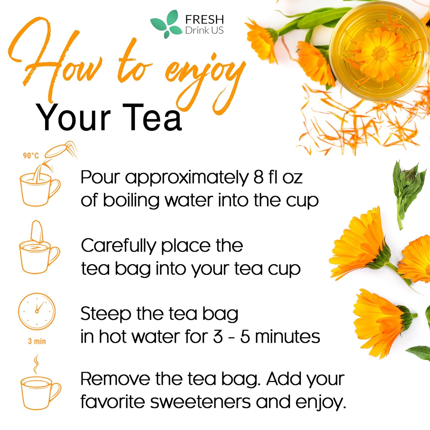 Calendula Tea Bags, 100% Natural and Pure Calendula Flowers, Eco-conscious Tea Bags. Calendula Flower Herbal Tea. No Sugar, No Caffeine, No Gluten, Vegan. by FreshDrinkUS - Natural and Premium Herbal Tea
